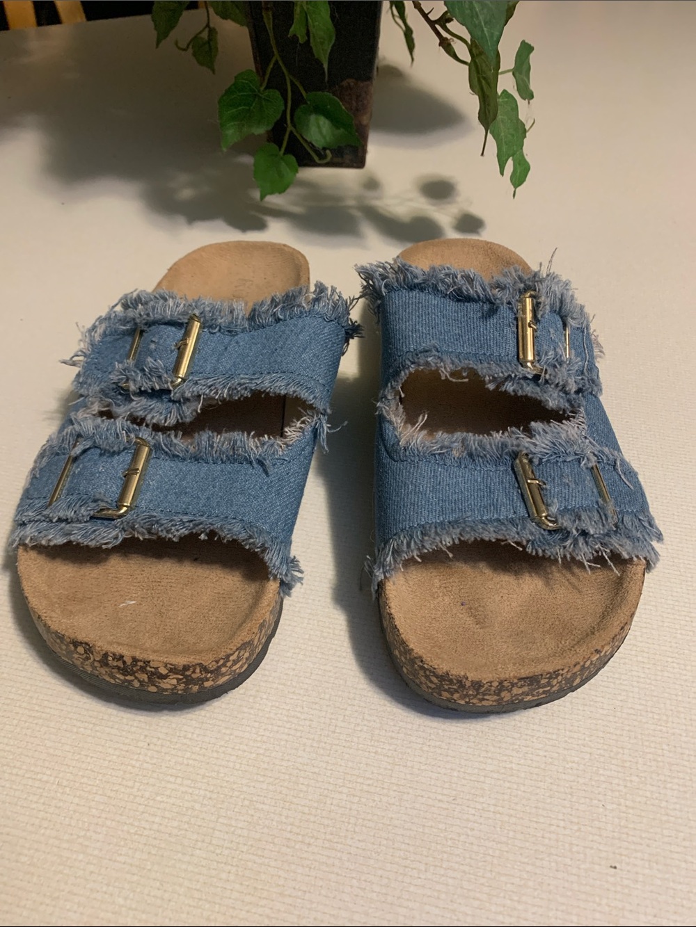 Roxoni Frayed Denim Double-Strap Slide Sandals - Blue